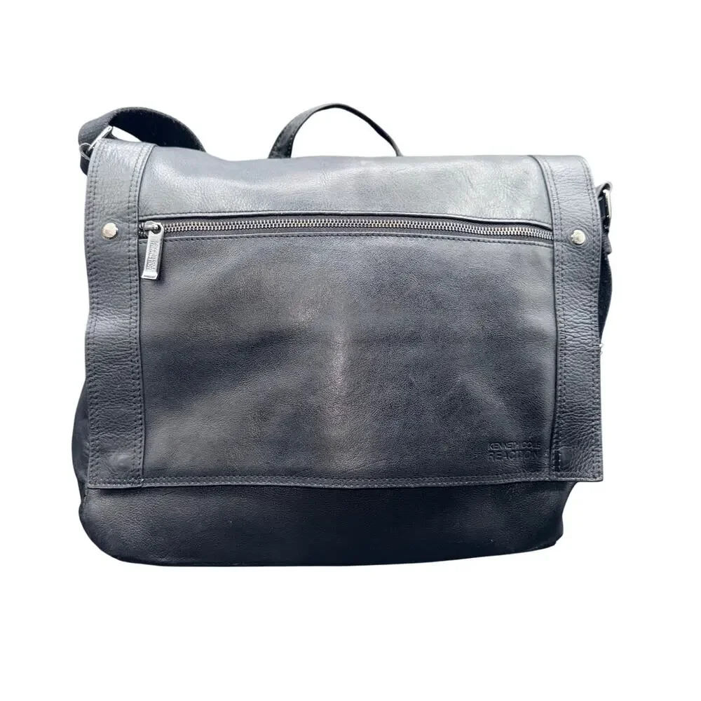 Kenneth Cole Reaction Black Leather Messenger Laptop Briefcase Bag 14”